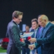 Baltabek Kuandykov (right), Director of Jupiter Energy Ltd. and President of Meridian Petroleum, presents Breeze Technologies' CEO Robert Heinecke (left) with the award and invitation to present during the EXPO 2017 Astana